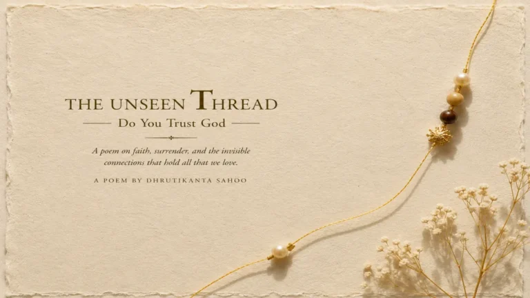 The Unseen Thread poem by Dhrutikanta Sahoo featuring a golden thread, beads, and a symbolic sun charm on handmade paper
