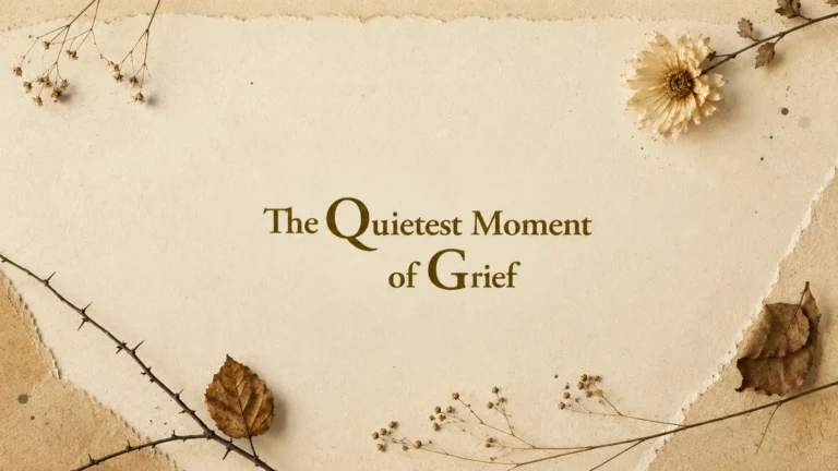 The Quietest Moment of Grief poem by Dhrutikanta Sahoo on a vintage paper background with dried leaves and flower